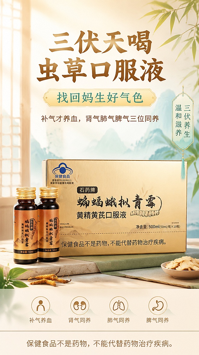 生成一张石药牌蝙蝠蛾拟青霉黄精黄芪虫草口服液的商品营销海报，风格为简约中式养生风，贴合夏季三伏场景。主标题为"三伏天喝虫草口服液"，副标题为"找回妈生好气色"，卖点文字为"补气才养血，肾气肺气脾气三位同养"，装饰文字为"三伏养生 温和滋养"，画面右下角保留合规提示"保健食品不是药物，不能代替药物治疗疾病"。100%还原上传商品图的产品外形、包装、LOGO、印刷文字、净含量，包装、配色、产品结构与上传图保持一致；产品主体位于画面中下部，采用前后错落的三角陈列，文字分区清晰、层级分明，不遮挡主体。整体色调为暖金搭配浅青，呈现温和滋养的三伏养生氛围，顶部自然光侧前方柔光，画面干净舒适，版式精美，分辨率超高清。文件总大小小于13000像素，可正常导出。