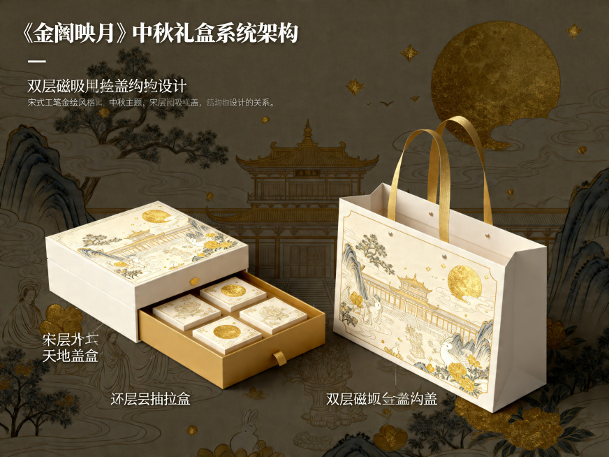 宋式工笔金绘风格的《金阙映月》中秋礼盒系统架构图，包含外层天地盖盒、内层抽拉盒和手提袋，展示双层磁吸天地盖结构的整体设计关系，宋式工笔金绘风格，远景构图，精致协调，中秋主题预览效果