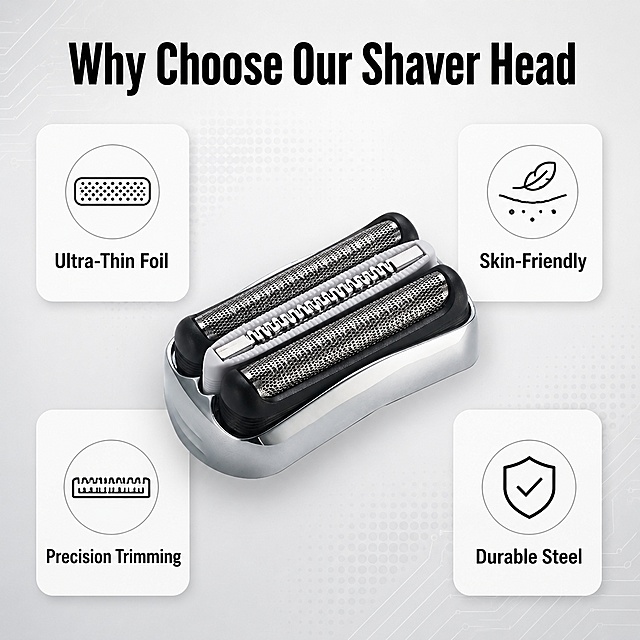 Amazon features showcase image for shaver head replacement. Light gray gradient background with subtle tech pattern. Center shows the 32S shaver head replacement product (silver frame, white cutter bar, dual foil mesh) at a 45-degree angle, sharp and detailed. Keep product appearance absolutely consistent with reference image. Surrounding the product are 4 feature icon cards arranged in a 2x2 grid pattern with clean white rounded cards. Top left card: icon of ultra-thin foil mesh with text "Ultra-Thin Foil". Top right card: icon of skin with gentle touch symbol with text "Skin-Friendly". Bottom left card: icon of precision trimmer blade with text "Precision Trimming". Bottom right card: icon of durable stainless steel with text "Durable Steel". Top of image has large bold English title "Why Choose Our Shaver Head". All text in clean modern sans-serif font, black and dark gray colors. Professional commercial product photography, soft studio lighting, high-end tech aesthetic. No Chinese characters, no brand logos, no trademarks. 1:1 square format.