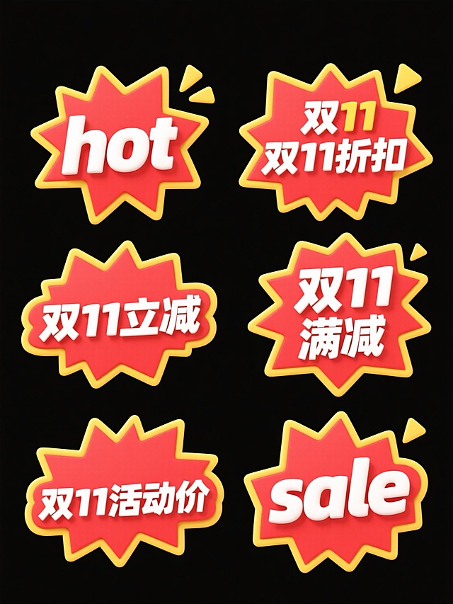 六个规整排布的促销标签素材，每个标签均为爆炸形状，采用纯红色背景，黄色描边，白色立体文字，标签文案分别为"hot"、"双11折扣"、"双11立减"、"双11满减"、"双11活动价"、"sale"，每个标签右上角带有黄色小三角形装饰，整体风格为电商促销风格，视觉层级清晰，信息传达高效，符合促销活动宣传目的。