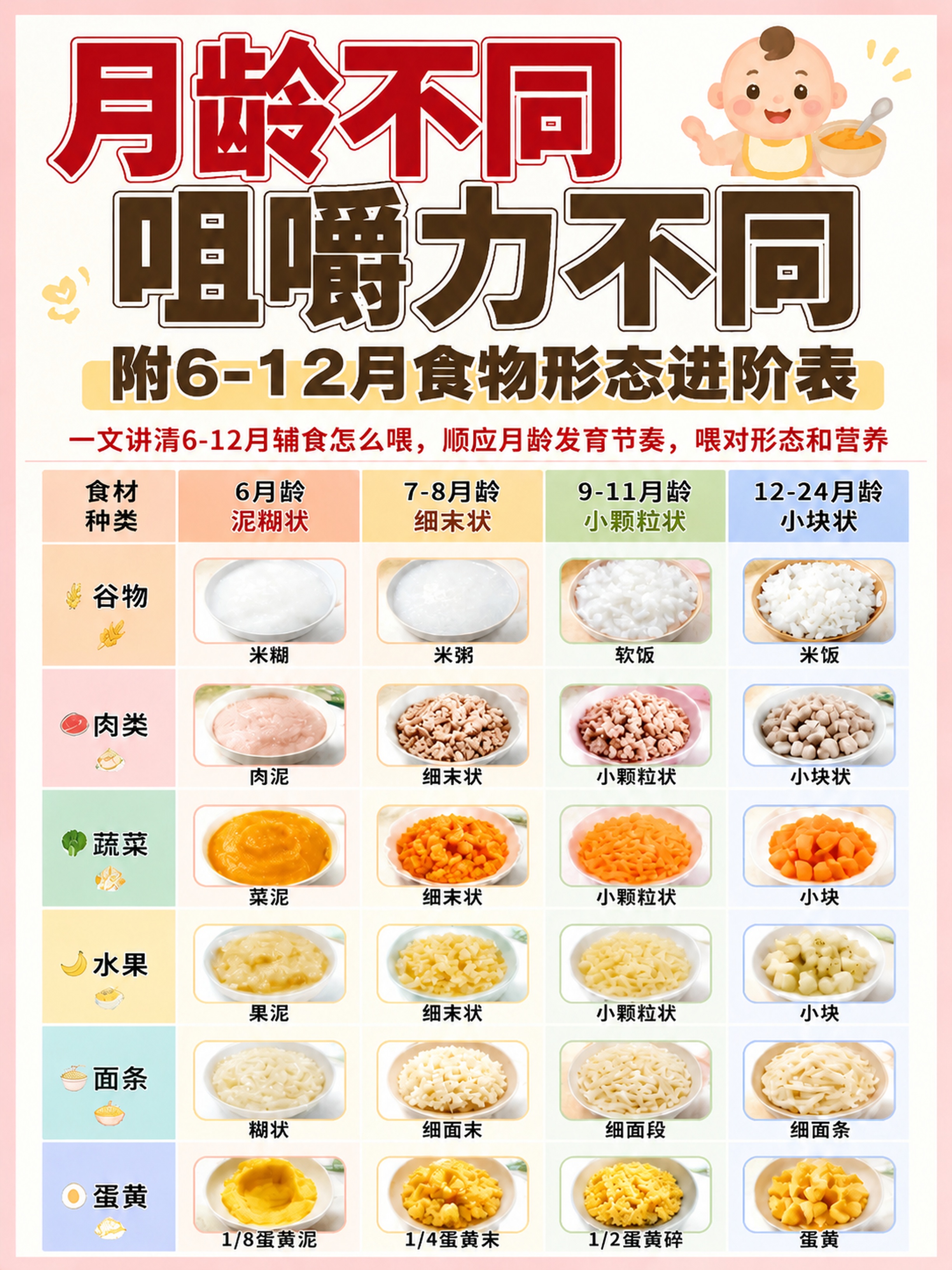 调整小红书辅食封面表格：1、蔬菜行9-11月龄（小颗粒状）的胡… - 图片创意预览