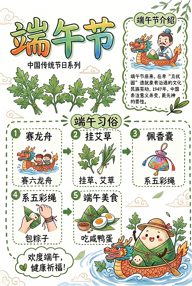 将图左上角的荷花荷叶全部替换成艾草，保持其他内容和排版不变，把整体底色修改成纯白色，保留原来的卡通手绘风格和所有文字内容