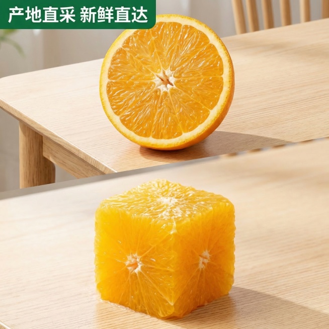 秭归脐橙多视角拼图主图，上下拼接展示，上半部分为对半切片的剥开脐橙，下半部分为方块果肉，两张图光影统一都是自然光，整体背景为浅原木餐桌，拼接自然光影过渡流畅。左上角标题“产地直采 新鲜直达”，白色字体预览效果