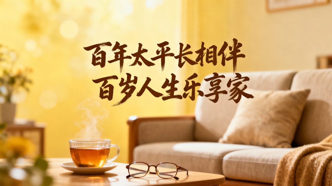 书法飘逸标题：百年太平长相伴  百岁人生乐享家。居家养老主题的海报封面，温馨，黄色系的背景，背景元素是居家养老的元素，16:9的长宽比。预览效果