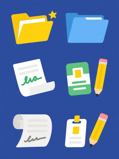 一组6个不同造型的签到元素系列素材集合，每个元素均保持简洁扁平风格，纯色背景，包含签到核心元素：蓝色文件夹、白色纸张、绿色手写签名、黄色证件和黄色铅笔，每个元素造型各异，如文件夹打开角度不同、纸张卷曲方向变化、签名位置调整、证件摆放方式改变、铅笔朝向差异等，所有元素规整排布，整体视觉统一，黄色四角星形装饰点缀，色彩明快，线条简洁流畅。预览效果