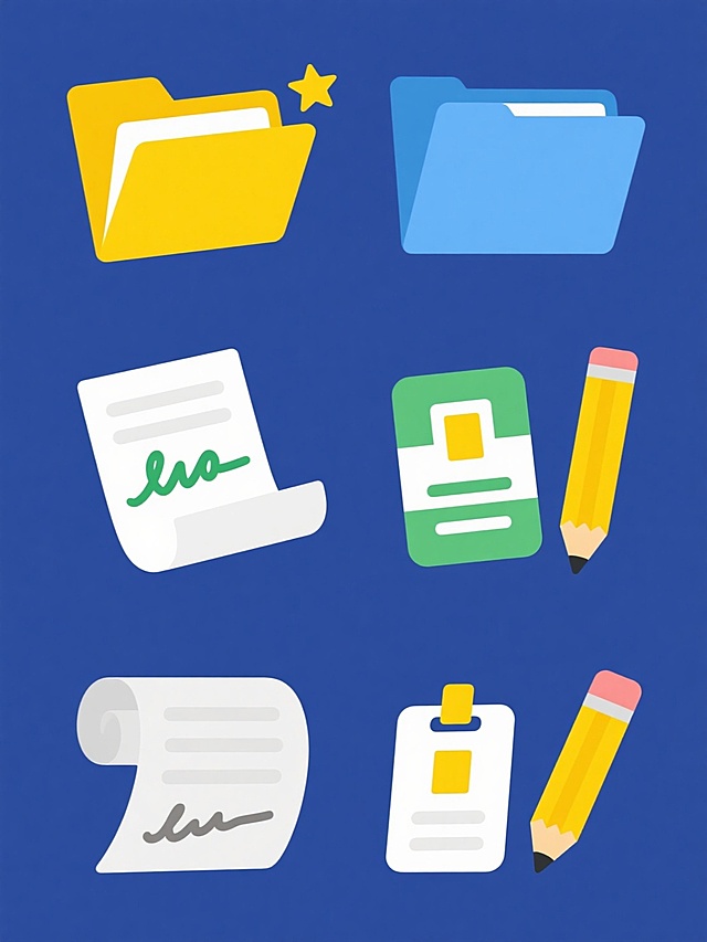 一组6个不同造型的签到元素系列素材集合，每个元素均保持简洁扁平风格，纯色背景，包含签到核心元素：蓝色文件夹、白色纸张、绿色手写签名、黄色证件和黄色铅笔，每个元素造型各异，如文件夹打开角度不同、纸张卷曲方向变化、签名位置调整、证件摆放方式改变、铅笔朝向差异等，所有元素规整排布，整体视觉统一，黄色四角星形装饰点缀，色彩明快，线条简洁流畅。