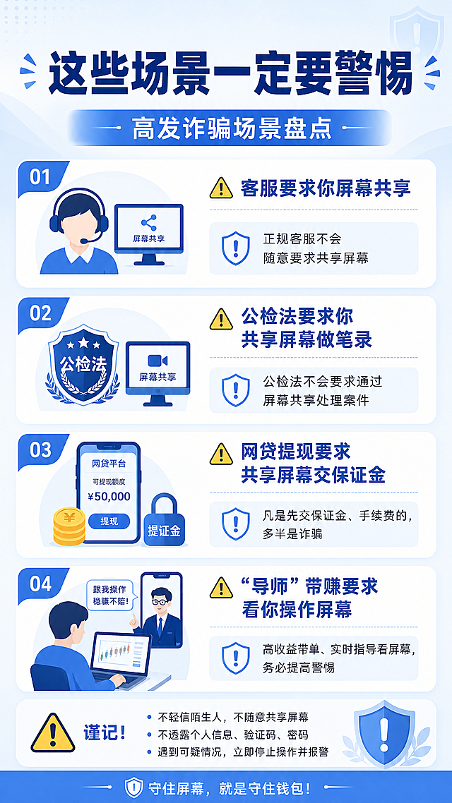 屏幕共享诈骗第二辑：这些场景要当心，主标题“这些场景一定要警惕”，副标题“高发诈骗场景盘点”，列出：1. 客服要求你屏幕共享 2. 公检法要求你共享屏幕做笔录 3. 网贷提现要求共享屏幕交保证金 4. “导师”带赚要求看你操作屏幕，每个场景配小图标和警示文字，蓝色简约设计，信息分区清晰，适合公众号长图分屏阅读