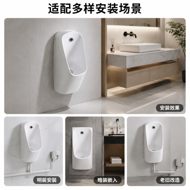 [主图-7] 安装适配说明：展示不同安装场景适配效果。
[氛围风格] 百搭实用 场景展示；
[画质] 真实自然 场景清晰。
[元素] 1+3宫格排版：上方大图展示本品在现代简约卫浴间的安装效果，下方三预览效果