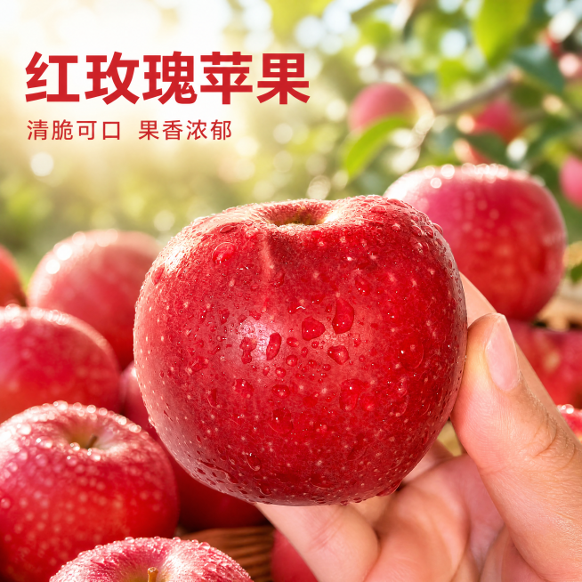 [主图-1] 红玫瑰苹果商品首图，突出点击率和食欲感
[氛围风格] 新鲜采摘，自然原生，高食欲氛围感
[画质] 商业摄影质感，光线柔和通透，产品清晰真实，画面干净高级
[元素] 保持红玫瑰苹果外观（纹预览效果