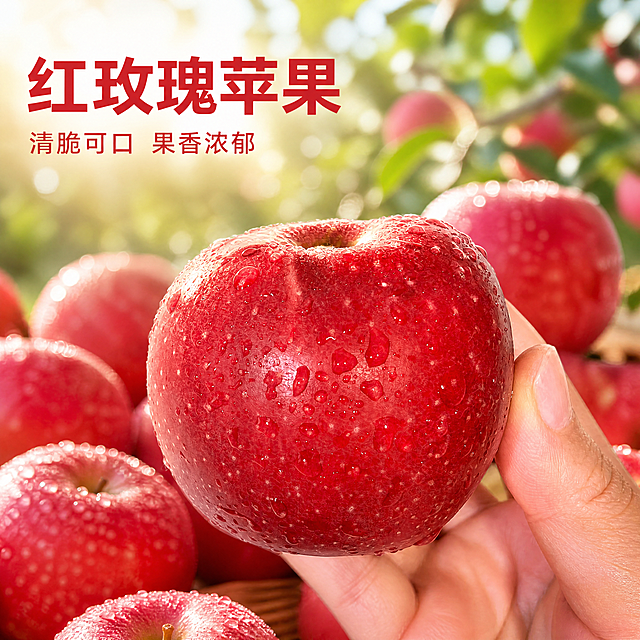 [主图-1] 红玫瑰苹果商品首图，突出点击率和食欲感
[氛围风格] 新鲜采摘，自然原生，高食欲氛围感
[画质] 商业摄影质感，光线柔和通透，产品清晰真实，画面干净高级
[元素] 保持红玫瑰苹果外观（纹理、大小、颜色）与输入产品图绝对一致，杜绝任何变形和色差，精细化处理。一颗饱满带水珠的红玫瑰苹果被手捏着，放在前景居中，背景散落着更多红苹果，融入自然果园虚化背景，商品主体占比控制在65%左右，画面满屏无边框
[光影] 自然暖阳逆光，从苹果后方打光，增强果皮光泽和水珠通透感，光线柔和不生硬，暗部有层次
[配色] 主色调为苹果本身鲜红色，搭配自然绿色果园背景，清新自然
[视角构图] 平视视角，浅景深突出主体苹果，轮廓完整不裁切
[文字版式] 左上负空间左对齐留安全边距，大字文案写"红玫瑰苹果"加粗红色，下方小字写"清脆可口 果香浓郁"，颜色对比清晰，不遮挡主体
[比例分辨率] 1:1 比例，4k分辨率，文字清晰可辨，超高清
[负向提示词] 变形，水印，文字错乱，产品图模糊，背景杂乱