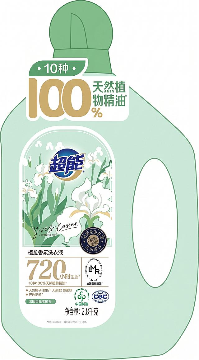 将这瓶洗衣液转化为简约矢量造型，保持产品轮廓和关键识别元素，使用简约线条和平块色彩，去除照片纹理和渐变细节，风格简约干净