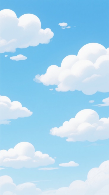 蓝天白云的插画背景，浅蓝色的天空占据整个画面，天空中漂浮着形态各异、大小不一的白色云朵，云朵边缘柔和，具有蓬松轻盈的质感，整体画面呈现出明亮、清新、宁静的氛围，色彩以浅蓝色和白色为主，色调统一和谐，没有多余的元素干扰，给人一种开阔、舒适的感觉。预览效果