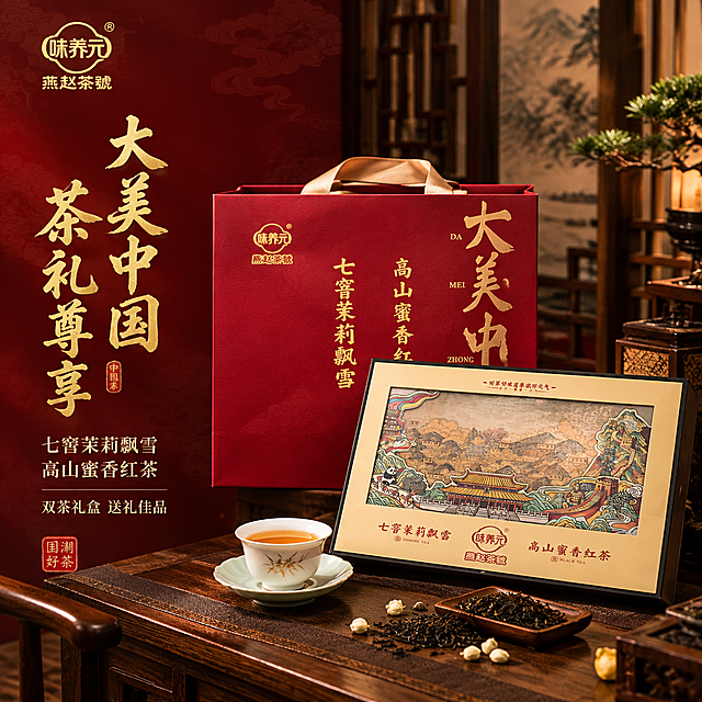 [主图-1] 高端茶叶礼盒首图，突出送礼质感与国潮轻奢氛围。
[统一基调] 国潮轻奢风格，深红与金色为主色调，背景为新中式雅致场景，字体选用粗笔书法体搭配细宋体，标题字色为烫金色，辅助文案为米白色，整体高端大气有送礼仪式感。
[画面] 画面右侧主体为大美中国茶叶礼盒（含手提袋与礼盒套装），严格参照上传产品图，完整保留礼盒外观、红色主色调、金色大美中国书法字、国风山水建筑插画、味养元品牌Logo与燕赵茶號字样，产品占画面约65%。礼盒呈45度微侧视角，放置在深色胡桃木茶桌上，礼盒前方摆放一只白瓷茶杯与茶碟，杯中茶汤金黄透亮，旁边散落几片茶叶与一小撮干茶。左侧为文案区域，背景为深酒红色渐变，隐约有暗纹云纹。画面左上角放置味养元品牌Logo。
[光影质感] 商业摄影质感，主光从左上方45度斜射，暖金色调，礼盒表面有细腻的金色反光，茶汤通透有光泽，桌面有柔和投影，整体氛围温暖高级。
[配色] 酒红色 / 烫金色 / 胡桃棕 / 米白色 / 茶汤琥珀色；哑光纸质礼盒 / 烫金工艺 / 胡桃木 / 白瓷 / 茶汤。
[文字版式] 左侧竖排主标题为"大美中国 茶礼尊享"，粗笔书法烫金色大字；下方辅助文案"七窨茉莉飘雪 高山蜜香红茶"，细宋体米白色；再下方"双茶礼盒 送礼佳品"，小号金色字；左下角有一枚红色印章样式图案，内写"国潮好茶"。文字清晰不遮挡产品主体。
[输出要求] 比例1:1，4K超清，产品清晰完整，文字锐利可读；负向：变形、错字、模糊、杂乱、水印、平台Logo、悬浮、穿模、边缘硬切。