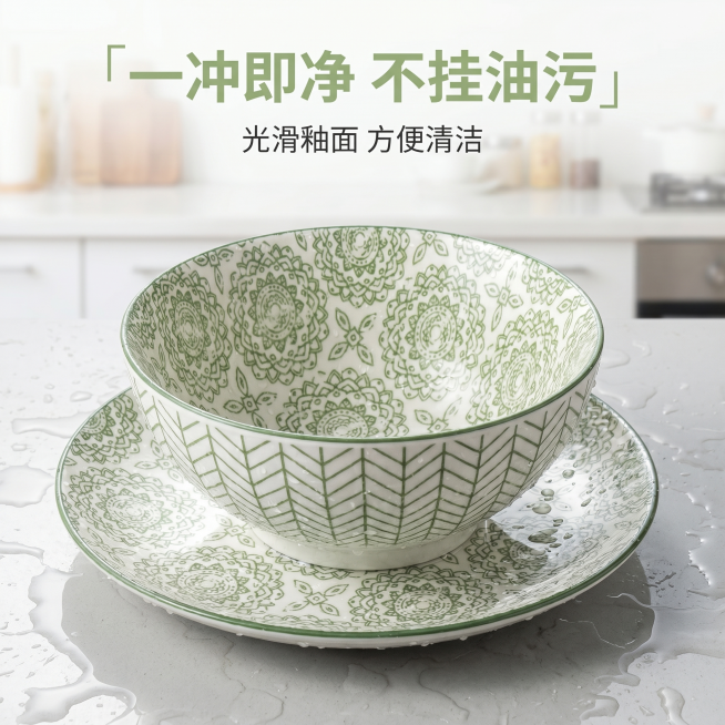 「图片1」，生成一套主图（8「图片1」张），6英寸日式面碗2个装 简约花纹耐高温陶瓷餐具波西米亚风格高颜值8英寸盘子     6英寸碗尺寸直径15cn高7cm   8英寸盘子直径20cm高2.5cm预览效果