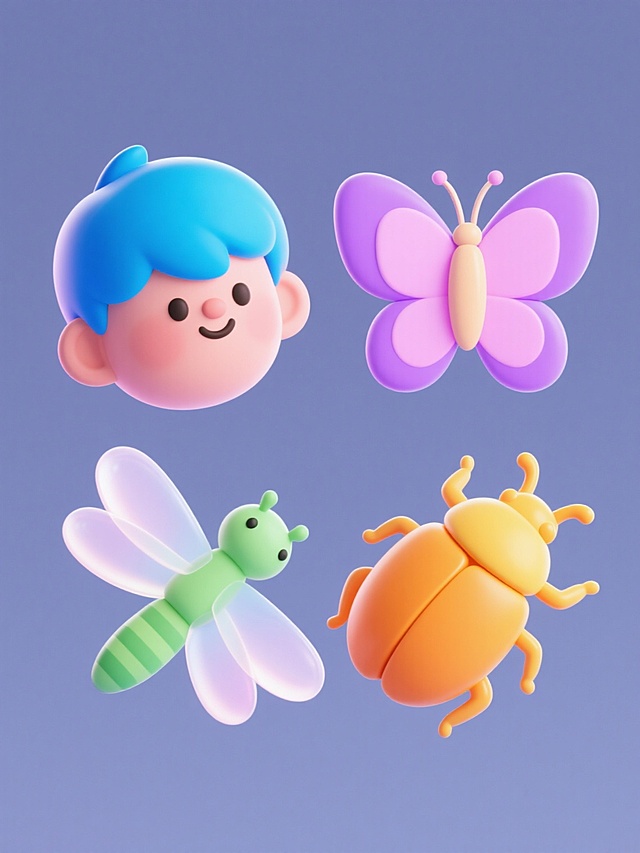 纯色背景上，四个不同种类的飞行动物以软3D风格规整排布组成系列素材集合。每只动物都拥有圆润光滑的曲面造型，边缘带有柔和的高光与渐变过渡，呈现出轻盈通透的质感。色彩上整体变换为清新明快的色调，包括亮蓝色的男孩头部、粉紫色的蝴蝶、嫩绿色的蜻蜓和橙黄色的甲虫，它们姿态各异却保持统一的设计语言，简洁而富有现代设计感。