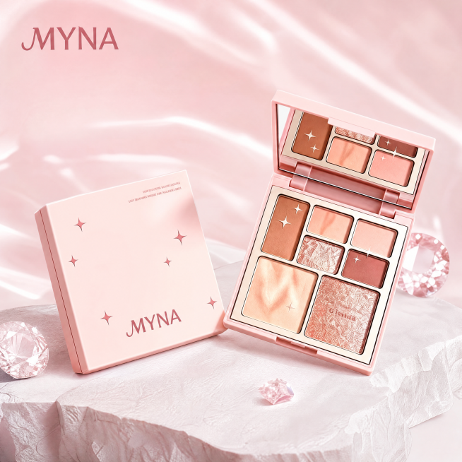 [主图-1] MYNA六色眼影盘品牌调性首图
[氛围风格] 简约高级质感彩妆风格，纯净科技感，通透水润亮调
[画质] 商业摄影质感，光线柔和通透，产品清晰真实，画面干净高级
[元素] 保持MYNA眼影预览效果