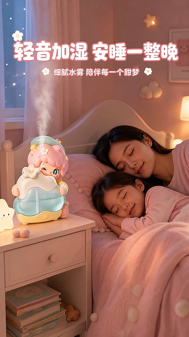 [商品] 使用精修后云朵萌友加湿器潮玩摆件图；保留粉发贝雷帽女孩造型、云朵形加湿器主体、顶部花朵喷口、透明薄荷绿水箱、淡黄色底座、小花装饰等全部结构与颜色；加湿器放置在床头柜上 处于运行状态 顶部喷出细腻水雾。
[画面] 页面目标：亲子睡眠场景 母女安睡 加湿器陪伴 营造温馨治愈的使用场景；构图：中景卧室场景 右侧床上一对亚洲母女安睡 母亲和小女孩都闭着眼睛 睡姿安详 盖着粉色被子；左侧床头柜上放着加湿器 占画面约25% 是画面的功能主角；背景是柔和的粉色卧室 有小夜灯 窗帘 星星装饰 整体氛围温暖安静 夜晚柔光感；阅读动线从左上加湿器到右侧母女 突出加湿器陪伴睡眠的场景价值。
[视觉] 套系策略：风格=马卡龙甜系潮玩风 干净清爽 产品突出；标题字=圆润粗体无衬线 可爱饱满；正文字=圆润无衬线体 清晰易读；主色=马卡龙粉 薄荷蓝 奶油白；背景延展=基于马卡龙粉蓝做渐变层次 云朵 小花 糖粒等甜品风装饰元素；强调色=淡黄色 仅用于小面积图标 引线 装饰点缀；标题色=白色或深粉色；正文色=深粉色或浅灰色；组件=圆角信息卡 软曲线分割 小花图标 云朵装饰；光影=暖色调夜灯柔光 整体偏暗但人物和产品清晰 加湿器喷出的水雾在暖光中隐约可见 有柔和的丁达尔光效 阴影柔和自然 整体治愈温馨。
[文字] 画面上方居中主标题 轻音加湿 安睡一整晚 副标题 细腻水雾 陪伴每一个甜梦 文字放在上方负空间 不遮挡人物和产品 全部横排 层级清晰 主标题最大 副标题缩小。
[规格] 比例9:16 4K超清 场景温馨自然 人物睡姿安详面部柔和 产品清晰突出 水雾自然 文字清晰可读 无水印 无平台Logo 禁止人物面部扭曲 禁止多余手指 禁止产品悬浮 禁止绝对化用语 禁止医疗功效暗示。