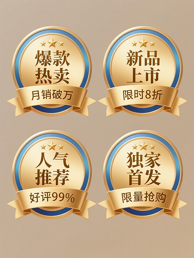 一组四个同风格设计徽章规整排布于纯色背景上，每个徽章均为圆形金色主体，外环蓝金双色渐变圆环，顶部三颗金色五角星，下方横向金色缎带。第一个徽章中心文字"爆款热卖"，缎带文字"月销破万"；第二个徽章中心文字"新品上市"，缎带文字"限时8折"；第三个徽章中心文字"人气推荐"，缎带文字"好评99%"；第四个徽章中心文字"独家首发"，缎带文字"限量抢购"。所有文字采用庄重金色书法字体，保持与原设计一致的光影质感、金属光泽和对称构图，整体视觉层级清晰，信息传达高效。