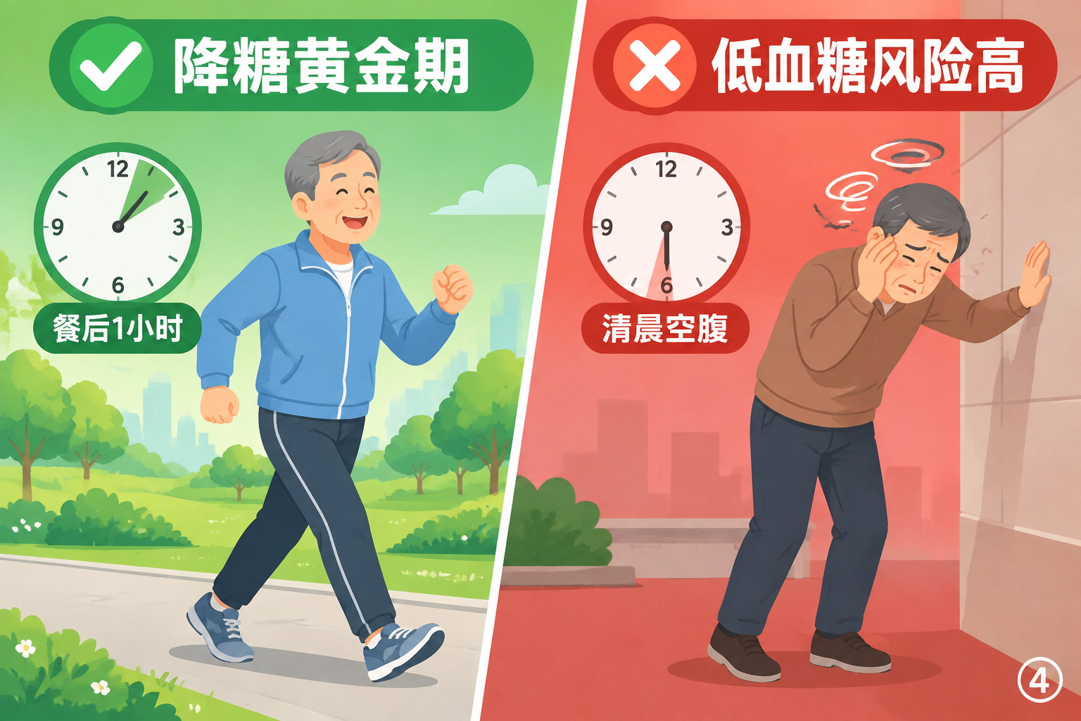 医学运动科普对比插画，扁平矢量风格，左右对分构图。左侧为绿色背… - 图片创意预览