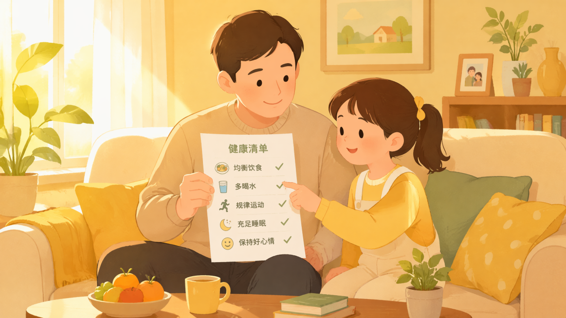 父子/父女并肩坐在洒满阳光的客厅沙发上，父亲手拿一张健康清单，孩子用手指着清单上的项目。两人面容平和温暖。背景是柔和的居家环境，暖黄色调，自然光。扁平插画风格，温馨亲情氛围预览效果