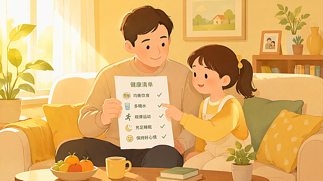 父子/父女并肩坐在洒满阳光的客厅沙发上，父亲手拿一张健康清单，孩子用手指着清单上的项目。两人面容平和温暖。背景是柔和的居家环境，暖黄色调，自然光。扁平插画风格，温馨亲情氛围