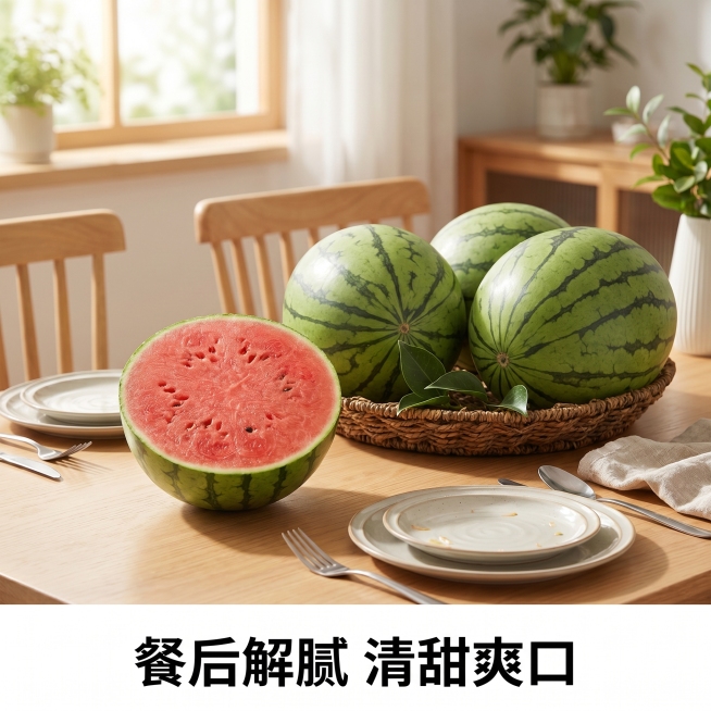 [主图-9] 餐后解腻佐食场景，展示2K手撕小糖丸西瓜适用场景
[氛围风格] 温馨用餐后场景，清新解腻，生活化代入
[画质] 商业摄影质感、光线柔和通透、产品清晰真实、画面干净高级
[元素] 保持2K预览效果