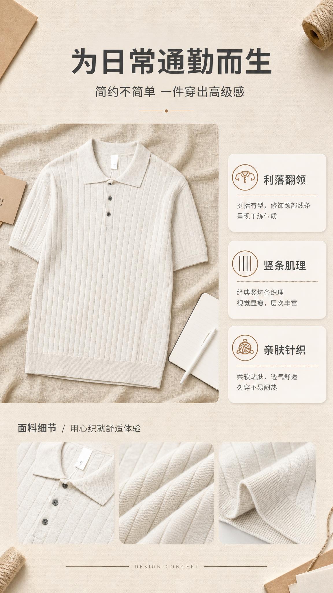[商品] 使用【图1】男士燕麦米白色竖坑条针织短袖Polo衫；… - 图片创意预览