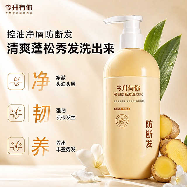 [主图-1] 首图品牌调性，展示今升有你弹韧防断发洗发水的高级植萃静物形象，传递控油净屑、强韧防断的核心价值。
[统一基调] 整体风格为植萃天然高级感，背景主色为暖米白渐变，标题字色为深棕黑色，辅助字色为暖姜黄色，强调色为生姜金棕色。主标题字体为干净非衬线粗体，说明文字为同系列常规体，字号层级清晰，卡片与图标采用圆角细线样式。
[画面] 产品瓶身居中偏右，占画面约65%，正面完整展示，瓶身为奶黄色圆润瓶身配白色按压泵头，瓶身正面印有"今升有你"品牌名和"弹韧防断发洗发水"字样，瓶身右侧竖排"防断发"三字。产品左上方有两片新鲜绿色生姜叶自然点缀，右下方摆放两块切开的新鲜生姜，切面金黄饱满，生姜旁有少量白色花瓣装饰。背景为柔和的暖米白渐变，带有轻微的光影斜射效果，营造通透自然光感。左上角放置今升有你品牌Logo，简洁不抢主体。
[光影质感] 商业摄影质感，柔光箱布光，主光从左上方打来，瓶身呈现自然的曲面明暗过渡，按压泵头有高光反射，产品底部有柔和接触阴影，整体通透干净，体现植萃天然品质。
[配色] 主背景暖米白渐变，产品奶黄色，生姜金棕色，绿叶翠绿色，文字深棕黑与暖姜黄搭配，整体暖调统一和谐。
[文字版式] 画面左侧上方主标题大字"控油净屑防断发"，下方更大字号主标题"清爽蓬松秀发洗出来"。左侧中部竖向排列三个卖点模块：第一个大字"净"旁配小字"净澈头油头屑"，第二个大字"韧"旁配小字"强韧发根发丝"，第三个大字"养"旁配小字"养出丰盈秀发"。文字均放在左侧负空间，不遮挡产品主体。
[输出要求] 1:1正方形比例，文字清晰锐利，产品清晰完整，无变形错字，无水印无平台Logo，画面干净高级。