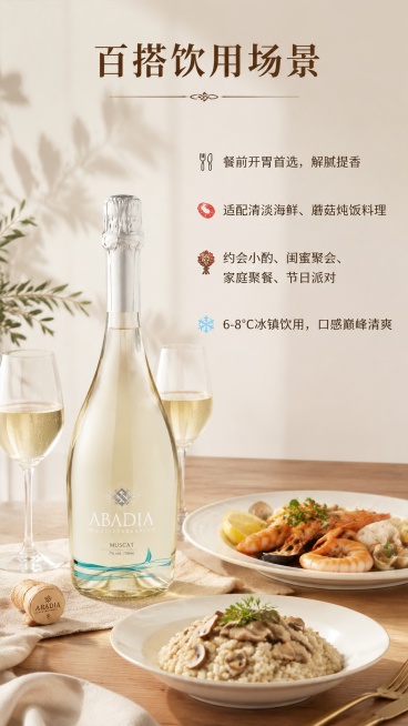 [第5屏] 9:16竖版饮用场景&美食搭配海报，阿巴迪亚地中海麝香起泡酒生活场景展示。本屏使用【图1】作为产品主体摆放在桌面。
[氛围/风格] 轻奢简约餐桌氛围，居家高级氛围感，生活化治愈电商场景图，预览效果