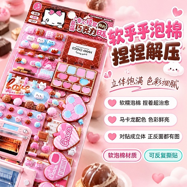 电商主图，1:1正方形构图，高清微距产品摄影。严格还原上传的产品图，包括包装设计、颜色、图案元素等所有细节；产品为初格品牌"呆萌巧克力日常"DIY双层收纳立体泡棉泡泡贴。画面采用"左产品特写 + 右文字卖点"左右分区布局：左半部分为挂卡贴纸区域的斜侧3/4视角微距特写（挂卡边缘可裁切、不要求完整入镜）——相机从斜上方约45°角俯拍，不是正俯拍，这样每块泡棉贴纸都能看到侧面厚度与立体起伏，软糯泡棉的微凸边缘、圆润倒角、柔和投影都清晰可见，立体感拉满；画面中可见粉色迷你烤箱造型贴纸、棕色巧克力排块格纹（内嵌心形/圆形/方形马卡龙色糖果）、双心连体巧克力盒、"Choco"心形盒、"洛芙love丝滑牛奶巧克力"包装贴纸、粉色波点小圆球、棕色巧克力块、浅蓝色小兔摆件等，所有元素都与上传实物一致；泡棉部分呈现软糯哑光质感。右半部分为文字区，背景是淡樱花粉到奶白的柔和渐变。字体设计：右上角大标题使用促销氛围类"气泡可爱文字"，圆润胖胖卡通体加白色粗描边和粉色软投影，分两行——第一行"软乎乎泡棉"，第二行"捏捏解压"，标题旁点缀一颗小粉色爱心和一朵小白云；大标题下方副标题使用纤细手写花体，内容为"立体饱满 色彩细腻"；副标题下方竖向排列三个带粉色实心爱心图标的卖点，每个卖点放在白色圆角胶囊底上，黑色无衬线细体，分别为"软糯泡棉 捏着超治愈"、"马卡龙配色 色彩鲜亮"、"对贴成立体 正反面都有图"；三个卖点下方横向并排两个圆角胶囊标签——粉色描边写"软泡棉材质"，薄荷青描边写"可反复撕贴"。信息布局：左半斜角产品特写、右半文字区，右上角大标题压栏，副标题紧随，三个爱心卖点竖向排列，底部两个工艺胶囊标签；整体左右重量平衡。设计感强调：左半特写必须是斜侧3/4视角，能看到泡棉贴纸的侧面厚度和立体起伏，不要正俯视平板角度；微距感强，所有图案元素严格按上传实物还原，不自创；右半文字层级清晰——大标题最大最抢眼，副标题次之，三个卖点统一胶囊样式，两个标签收尾；整体马卡龙粉/薄荷青/奶白配色；所有边角圆角处理，背景淡粉渐变干净不抢戏；让"软、立体、对贴成立体"三个卖点一眼可读，高级甜而不腻。第2张 特写角度不同
