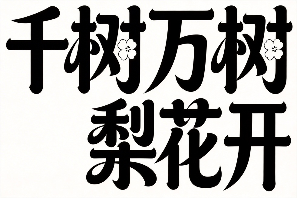 参考参考图字体风格，重新设计横向排版文字"千树万树梨花开"，白字，纯黑色背景，夸张风格，黑体变形，笔画边缘轻盈，夸张的笔画张力和连笔处理，极具艺术感，笔画粗细变化大，每个笔画都带俏皮弧度，用花瓣形代替预览效果