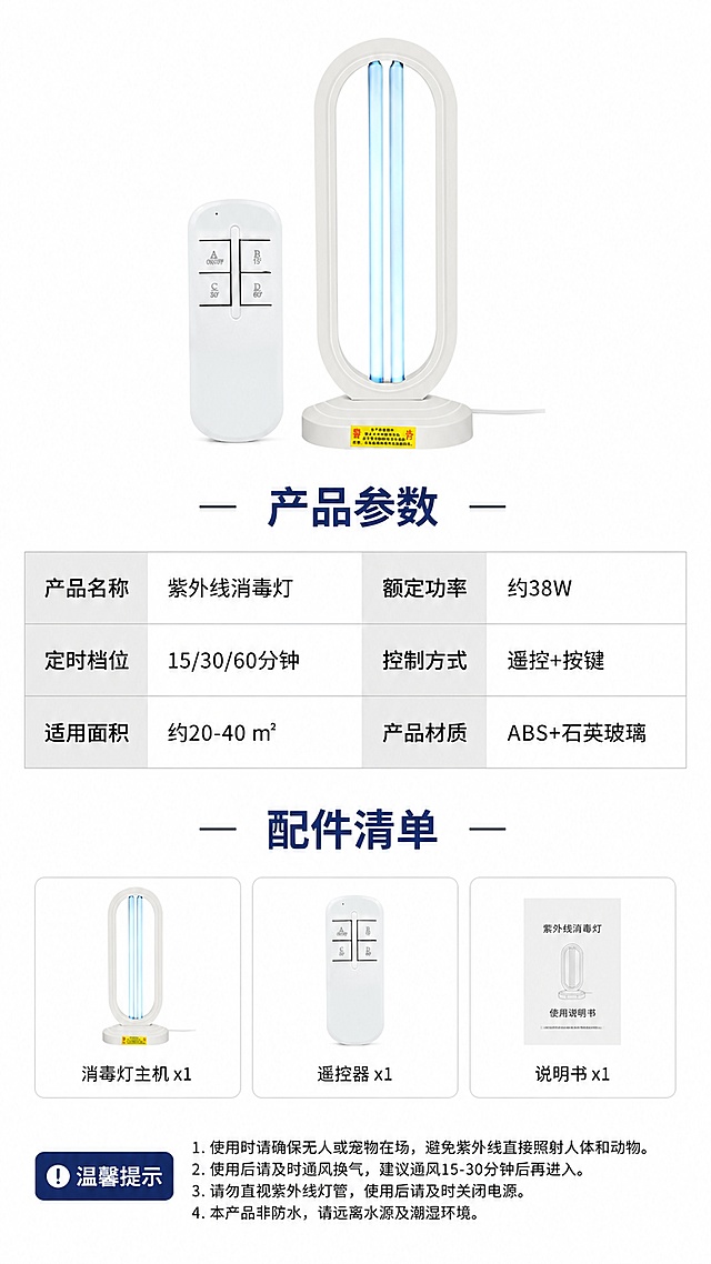 [第8屏] 详情页产品信息参数-规格参数表+配件清单（收尾屏）。本屏使用【图1】作为产品主体，置于顶部展示。
[氛围/风格] 简洁专业参数页，白底，信息清晰，电商参数表规范。
[元素布局] 顶部居中放置消毒灯+遥控器全家福，占比约25%；中间为产品参数表格，左右两列布局；底部为配件清单和温馨提示；产品外观与输入图一致。
[光影质感] 均匀柔光，产品清晰，白底干净整洁。
[配色色系] 全局底色 #FFFFFF纯白；主色白色产品+浅灰表格；辅助色深蓝标题、黑色正文。
[视角构图] 上下构图，上产品下参数，阅读动线从上到下。
[文字版式] 产品下方主标题「产品参数」；参数表包含：产品名称「紫外线消毒灯」、额定功率「约38W」、定时档位「15/30/60分钟」、控制方式「遥控+按键」、适用面积「约20-40㎡」、产品材质「ABS+石英玻璃」；底部配件清单：消毒灯主机x1、遥控器x1、说明书x1；最下方温馨提示小字。
[比例分辨率] 9:16竖版比例，4K分辨率，文字清晰可辨，高清画质。
[负向提示词] 产品变形，参数错误，水印，文字过小，表格混乱。