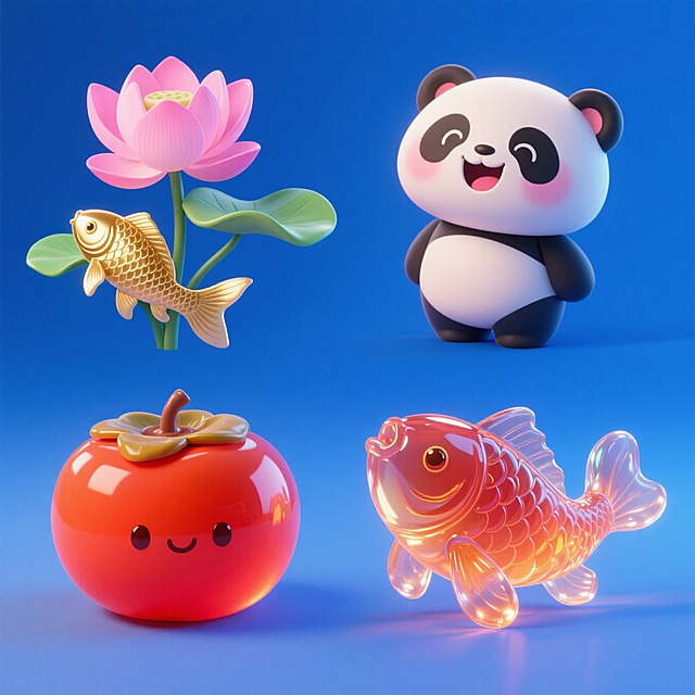 4个Q版图形在一个画面上分别独立：可爱笑着的小熊猫、荷花莲叶、金色锦鲤、柿子，宝蓝色背景