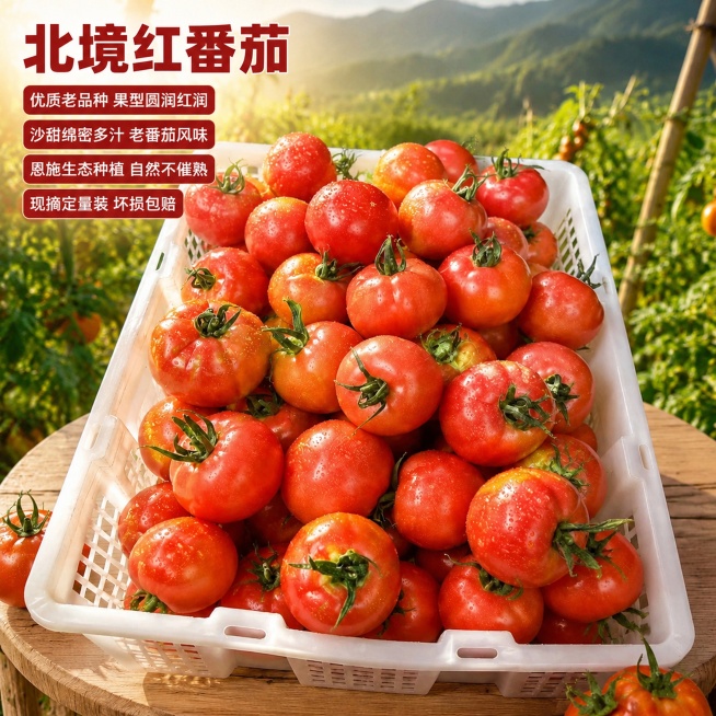 基于原图修改，原图为框装新鲜红番茄放在木桌上，户外田间背景。请在画面左上留白区域添加产品名称和卖点文字，保持产品和场景完全不变，仅添加清晰可读的文字，文字不遮挡番茄主体。
产品名称大字为："北境红番茄预览效果