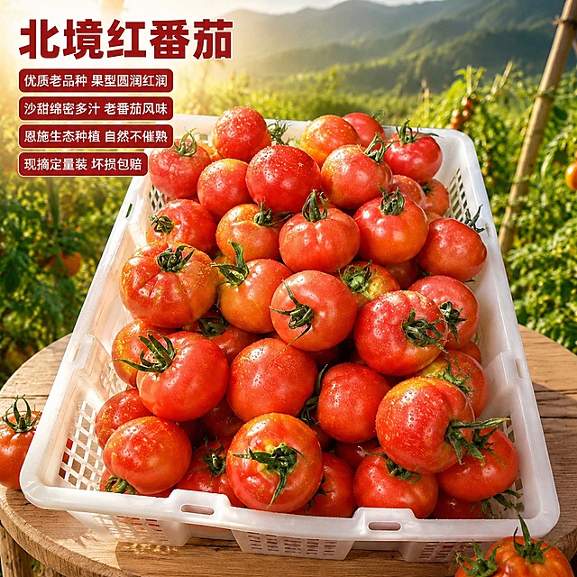 基于原图修改，原图为框装新鲜红番茄放在木桌上，户外田间背景。请在画面左上留白区域添加产品名称和卖点文字，保持产品和场景完全不变，仅添加清晰可读的文字，文字不遮挡番茄主体。
产品名称大字为："北境红番茄"，深红色大字号粗体，放在最上方；
卖点文字依次分四行排列，小号白色带浅红色底，文字内容：
优质老品种 果型圆润红润
沙甜绵密多汁 老番茄风味
恩施生态种植 自然不催熟
现摘定量装 坏损包赔
文字放置在左上浅色背景区域，不遮挡主体番茄，保持画面干净清晰，文字清晰可辨，1:1比例，4K超高清，保持原有自然逆光新鲜质感，光影不变，产品细节完全保留。
负向提示词：文字错乱，遮挡主体，变形，产品模糊，水印，错字，文字不清晰，背景杂乱