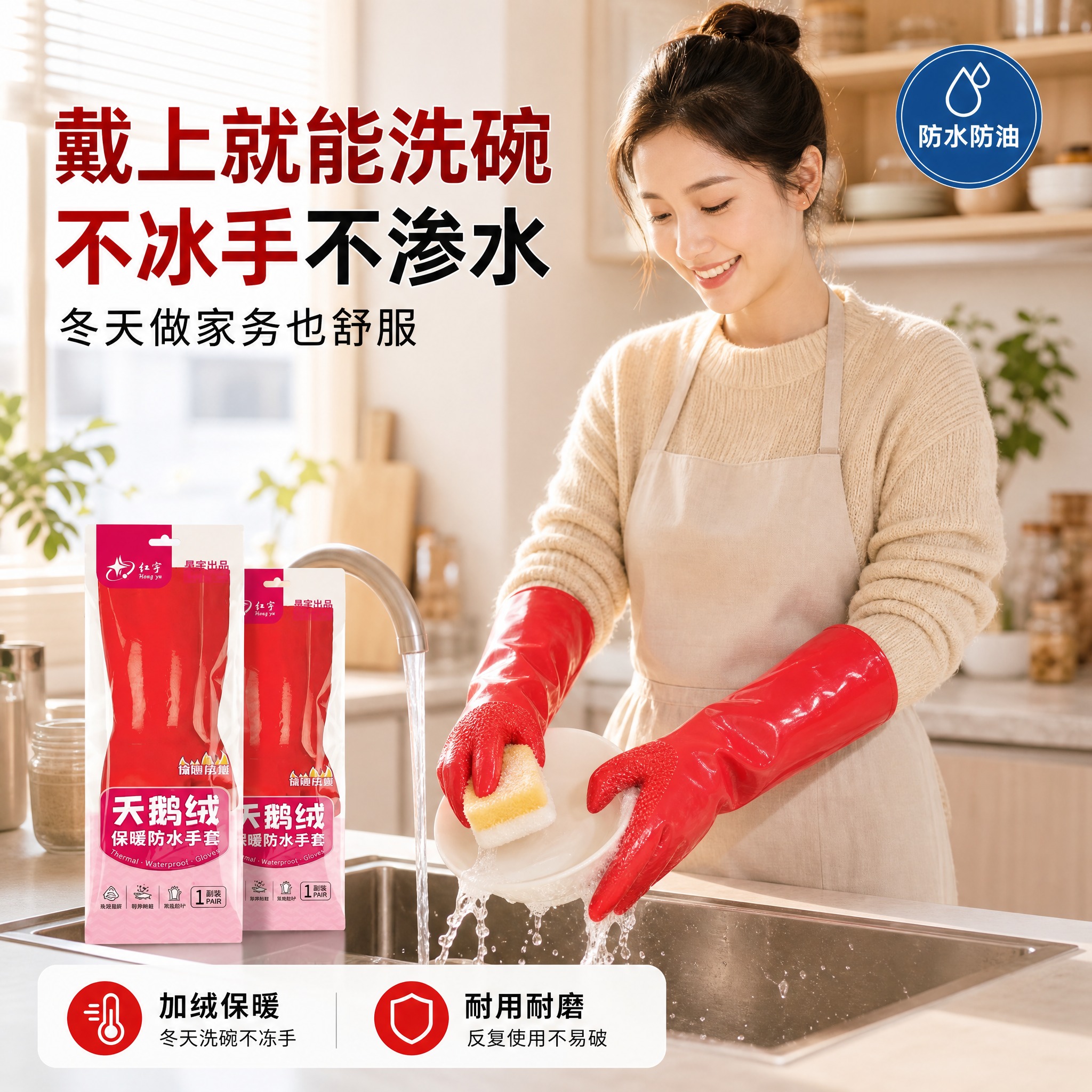 [主图-4] 真人使用场景：亚洲女性戴手套洗碗清洁。 [统一基… - 图片创意预览