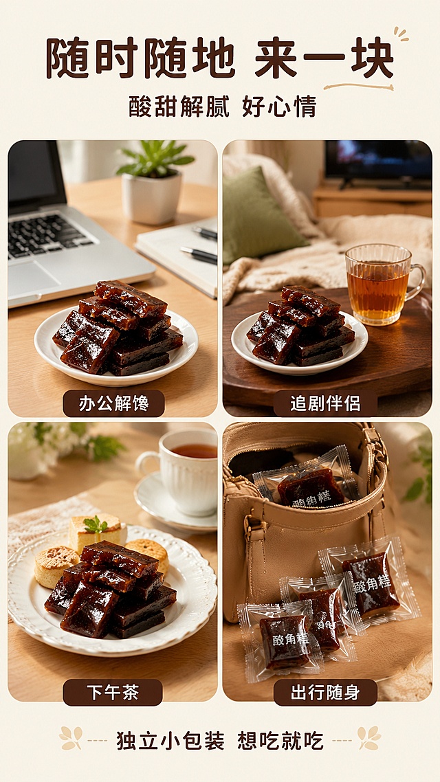 [第5屏] 详情页场景种草屏-多场景食用展示。本屏使用【图1】产品外观作为酸角糕视觉参考，融入各场景中。
[氛围/风格] 商业美食实拍风，高清写实，生活场景感，温馨治愈，真实不夸张。
[元素布局] 画面采用2×2圆角卡片拼图形式，展示4个食用场景：左上「办公室解馋」- 电脑旁放一小碟酸角糕；右上「追剧零食」- 沙发茶几上酸角糕配茶饮；左下「下午茶搭档」- 精致餐盘配酸角糕和小点心；右下「出行随身」- 包包旁放几袋独立包装酸角糕。每个场景酸角糕外观与原图一致。
[光影质感] 每个场景均为自然柔和光线，暖色调，生活感强，阴影自然。
[配色色系] 全局底色 #F7F1E6（浅米杏色）；主色深棕红；辅助色暖木色、米白、浅绿；字色深棕色 #5C3A1E。
[视角构图] 四宫格拼图，阅读动线顶部标题 → 四格场景自上而下、从左到右 → 底部总结语。
[文字版式] 顶部大标题「随时随地 来一块」，副标题「酸甜解腻 好心情」；每个场景卡片底部有场景标签：「办公解馋」「追剧伴侣」「下午茶」「出行随身」；底部一行小字「独立小包装 想吃就吃」；圆角黑体，字色深棕。
[比例分辨率] 9:16竖版比例，4K分辨率，文字清晰可辨，高清画质。
[负向提示词] 畸形、扭曲、模糊、塑料质感、过度发光、卡通、二次元、水印、多余文字、杂乱杂物、AI绘画瑕疵、不自然纹理、超高饱和度、色差严重、果肉虚假、边缘融化变形、虫眼、发霉、变质、不干净。