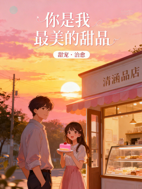 小说《你是我最美的甜品》封面，暖调夕阳背景，前景是清涵甜品店，一对男女站在店门口，女生手持一块粉色蛋糕，画面上方带文字"你是我最美的甜品"，下方标注"甜宠 · 治愈"，整体风格治愈温馨浪漫，暖黄粉橙色预览效果