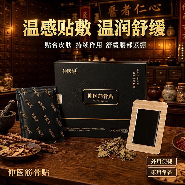[主图-4] 温感贴敷体验场景图，使用用户提供的中药铺场景作为背景，产品自然融入场景，体现中医传承感。
[统一基调] 中医传统质感，暖棕金色调，古朴中药铺氛围，字体用粗黑体标题+宋体副标题，整体厚重有品质感，信息直白醒目。
[画面] 背景为用户提供的传统中药铺场景（木质药柜、瓷罐、药臼、中药材、暖黄灯光），保持原场景的古朴氛围和暖色调。前景木质桌面上自然摆放仲医筋骨贴产品：中央放黑色包装盒（盒面金色'仲医筋骨贴'字样完整保留），盒子左侧放一袋独立包装贴剂，右侧放一贴打开的筋骨贴（浅棕条纹面朝上，黑色膏体清晰），旁边散落几片干艾草或中药材作为点缀。产品占前景约50%，与桌面有真实接触阴影，自然融入场景。上方留空放标题文字。
[光影质感] 场景原有暖黄灯光氛围，产品光影与场景光源一致（暖光从右上方来），产品表面有自然的环境光反射，桌面有柔和接触阴影，整体真实自然，仿佛产品就摆放在中药铺里。
[配色] 整体暖棕黄色调，与中药铺场景统一，标题用金色或米白色突出，卖点标签深棕底金字，保持中医古朴质感。
[文字版式] 画面上方居中位置大标题'温感贴敷 温润舒缓'金色粗黑体大字，带轻微外发光确保在复杂背景上清晰可读。标题下方一行副标题'贴合皮肤 持续作用 舒缓腰部紧绷'米白色宋体。画面左下角放'仲医筋骨贴'金色品牌名。右下角放2个小卖点标签竖排：'外用便捷'、'家用常备'，深棕底金字半透明底。文字不遮挡产品主体，放在画面负空间。
[输出要求] 1:1正方形，2048x2048，文字清晰可读，产品清晰完整且自然融入场景，无悬浮感，无错字，无水印，无平台Logo，不破坏原场景氛围。