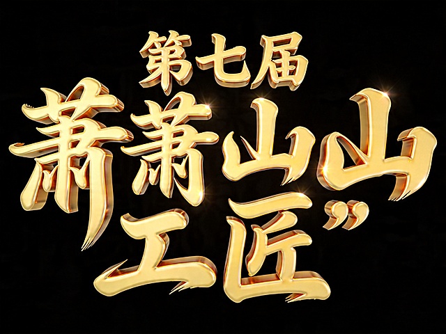 干净的纯黑色背景。3D艺术字体设计，7个主体文字"第七届“萧山工匠”"，所有文字单行横向排列，飘逸书法字体风格，行云流水一气呵成的笔势，金黄色金属质感，字体表面带有金属光泽和高光反射，整体姿态飘逸舒展。仅包含七个字："第"、"七"、"届"、"萧"、"山"、"工"、"匠"，不得增加、遗漏或替换任何一个字。文字整体必须完整呈现在画面内不可被裁切，四周留有安全边距。比例4:3