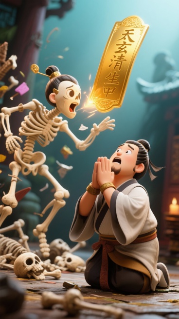 特写：金色太玄清生符从徐甲口中飞出，符上丹书文字清晰如新，金光流转；中景：徐甲身形快速化为枯骨散落，尹喜跪伏在地双手合十磕头求情，神情惶恐虔诚预览效果