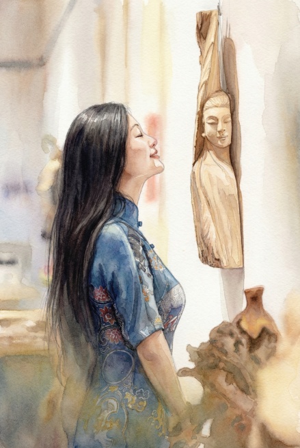 将图片转换为水彩画风格，色彩柔和晕染，保留原画面人物与木雕的细节预览效果