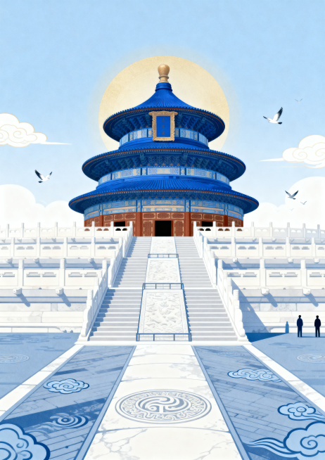 新国风插画风格，工笔与扁平结合，以北京天坛祈年殿为主体，严格中轴对称构图，突出圆形建筑与层级台基结构，精致刻画蓝色琉璃瓦屋顶，整体色调为青蓝色搭配白石基座，高级低饱和配色，空间开阔庄重，前景台阶用纵深预览效果