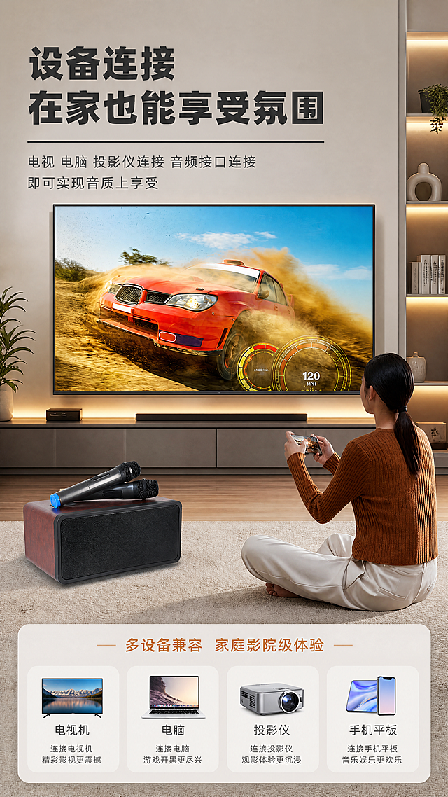 [商品] 使用【图8】闻歌N-S10S家庭KTV音响+电视场景图；保留木纹箱体、黑色网罩、双麦克风横放、电视画面、亚洲女性背影的结构、颜色、材质和比例；产品原貌不变，优化场景融合和画质。
[画面] 目标：多设备兼容场景，家庭影院级体验。构图：上标题+中部客厅场景大图+底部兼容设备图标；场景为现代客厅，女性坐在地毯上背对镜头，前方大屏幕电视播放画面，音响放在左侧地面，双麦横放其上；背景为浅灰色墙面+温馨灯光；氛围温馨有代入感。
[视觉] 套系策略：风格=国内数码家电商业精修风，科技感+温馨家居结合；标题字=思源黑体粗体，大字厚重；正文字=思源黑体常规，清晰易读；主色=深棕木纹色+黑色；背景延展=暖灰米色客厅场景，同色系深浅层级，柔和光影；强调色=暖橙色，用于高亮标签、图标；标题色=深炭灰；正文色=中暖灰；组件=圆角设备图标卡片、细线引线；光影=环境暖光，电视屏幕发光，场景自然。
[文字] 顶部主标题"设备连接 在家也能享受氛围"（深炭灰粗体大字，分两行）；副标题"电视 电脑 投影仪连接 音频接口连接 即可实现音质上享受"（中灰色小字）；底部4个设备图标横排："电视机""电脑""投影仪""手机平板"；每个图标下配简短说明；所有文字横排。
[规格] 图片比例9:16竖版，4K，负向提示：避免产品变形、错字乱码、文字过小、人物失真、商品颜色改变、冷蓝背景、电视画面错乱、赛车画面。