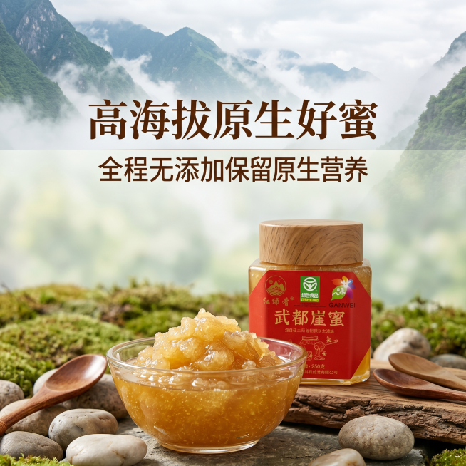 [详情图-1] 产地原生氛围图，传递陇南武都崖蜜产地原生属性。[氛围风格] 自然原生，高海拔山野清新氛围感。[画质] 商业摄影质感，光线柔和通透，产品清晰真实，画面干净高级。[元素] 远景是陇南高山云预览效果