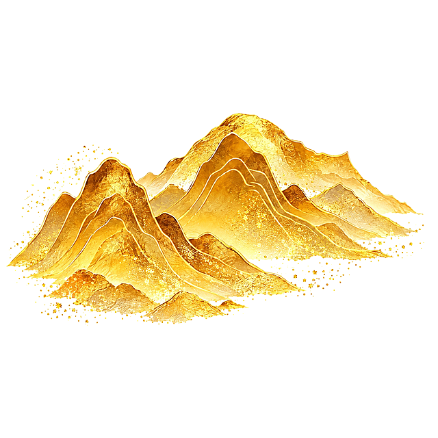去除画面中所有的云雾和云朵，只保留金色的山峦山体部分，保持山体的金色质感、金色描边、金箔纹理和金色闪粉颗粒不变，山体轮廓完整，纯白透明背景，国潮插画风格