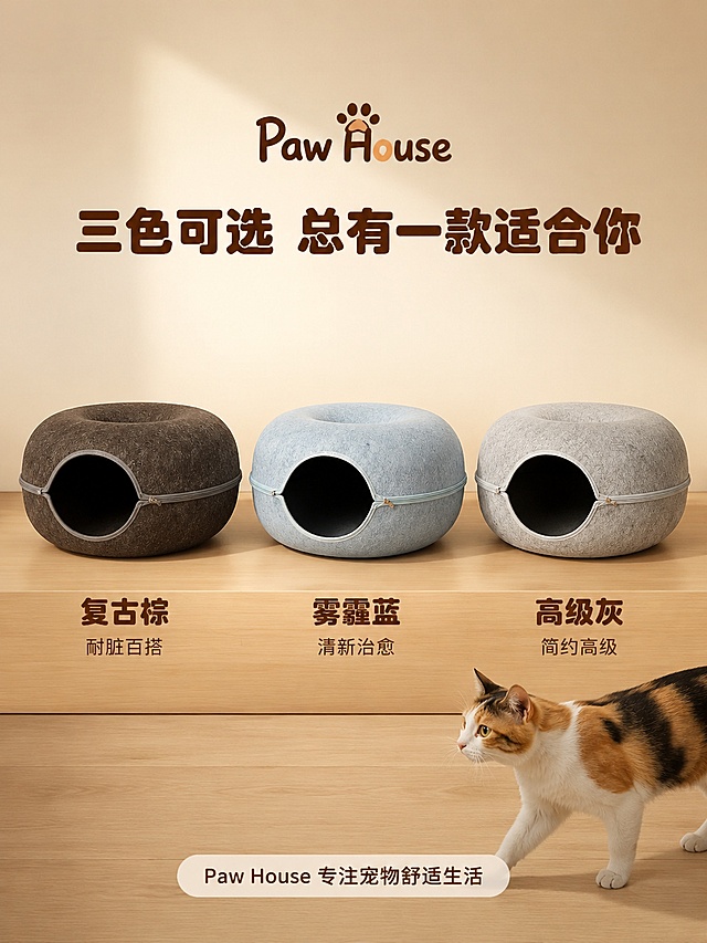 [主图-5] 毛毡甜甜圈猫窝多色可选与品牌收口图。
[氛围风格] 温馨品质收口风，干净高级，促进下单；
[画质] 商业摄影质感、产品排列整齐、光线均匀、画面干净高级。
[元素] 画面中央整齐排列三款不同颜色的毛毡甜甜圈猫窝，从左到右依次为：深棕色、浅蓝色、浅灰色，三款猫窝大小一致，均为正面45度视角展示，拉链和洞口清晰可见。猫窝下方是浅木色展示台面，背景为渐变浅米色墙面，上方有Paw House品牌Logo（棕色圆润字体+爪印图案）。右下角有一只可爱的三花猫正走向猫窝，增加生动感。**保持每款猫窝产品外观（甜甜圈圆形隧道造型、毛毡材质质感、拉链开合设计）与输入产品图一致，仅颜色不同，杜绝任何变形和色差**。三款产品整体占比约55%。
[光影] 顶部柔光均匀布光，主光从正上方略偏前照射，三款猫窝受光均匀，毛毡纹理清晰；底部有柔和自然的投影，立体感强；整体明亮干净，品质感十足。
[配色] 主色三色并列（深棕+浅蓝+浅灰）+奶油米白背景；辅色暖木色。
[视角构图] 平视微俯视角，三款猫窝水平等距排列，形成稳定的视觉平衡；品牌Logo在上，产品在中，猫咪在右下点缀。
[文字版式] 顶部品牌Logo下方主标题写"三色可选 总有一款适合你"，深棕色圆润粗体大字。三款猫窝下方各有颜色名称标注：左「复古棕」、中「雾霾蓝」、右「高级灰」，均为深棕色中号圆体字，下方各有一行小字「耐脏百搭」「清新治愈」「简约高级」。底部居中一行圆角胶囊标签写"Paw House 专注宠物舒适生活"，米白底深棕字，圆润字体。
[输出要求] 3:4比例，文字清晰锐利，超高清商业摄影质感。
[负向提示词] 变形，文字错乱，产品图模糊，背景杂乱，水印，电商平台Logo，多余的手，畸形手，猫咪肢体扭曲。