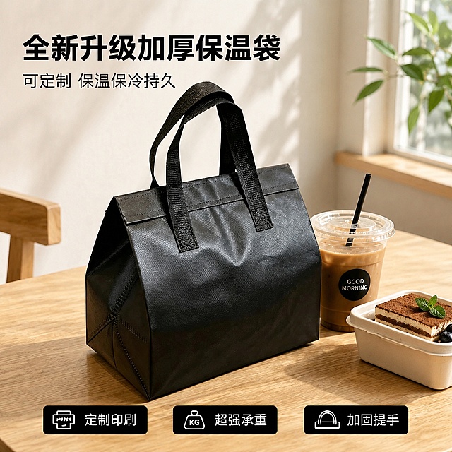 [主图-1] 可定制加厚保温袋首图，展示真实下午茶场景。[氛围风格] 简约干净质感风，实用生活氛围感。[画质] 商业摄影质感，光线柔和通透，产品清晰真实，画面干净高级。[元素] 黑色保温袋居中放置在浅木色咖啡桌台面，旁侧搭配一杯冰咖啡和一份甜品便当盒，营造日常带饭氛围。保持保温袋外观（物理结构、材质质感、颜色）与输入产品图绝对一致，杜绝任何变形和色差，精细化处理。商品主体占比严格控制在60%-80%之间。[光影] 清晨自然光斜射，柔和明亮，阴影层次清晰，突出产品轮廓和布料质感。[配色] 主色调黑色（产品）+浅木色桌面+米白色背景，整体干净通透。[视角构图] 平视45度斜侧视角，景深适中，产品完整不裁切。[文字版式] 左上负空间左对齐留安全边距，大字主文案写"全新升级加厚保温袋"，黑色粗体大号无衬线字体，下方小字标注"可定制 保温保冷持久"，约一半字号，同色系浅色。底部三栏均分，分别标注：定制印刷 超强承重 加固提手，图标+短句，白字黑底小标签，对比清晰。[输出要求] 1:1比例，文字清晰可辨，超高清商业摄影质感。[负向提示词] 变形，文字错乱，产品图模糊，背景杂乱，水印，电商平台Logo。