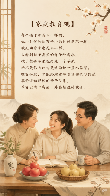 温馨中国风，画面中只有一对中年中国父母和一个中国大学生女儿，三人温馨互动，家庭氛围温暖融洽。画面中书写清晰的中文文字："【家庭教育观】每个孩子都是不一样的，你小时候和你孩子小的时候是不一样，彼此的需求预览效果