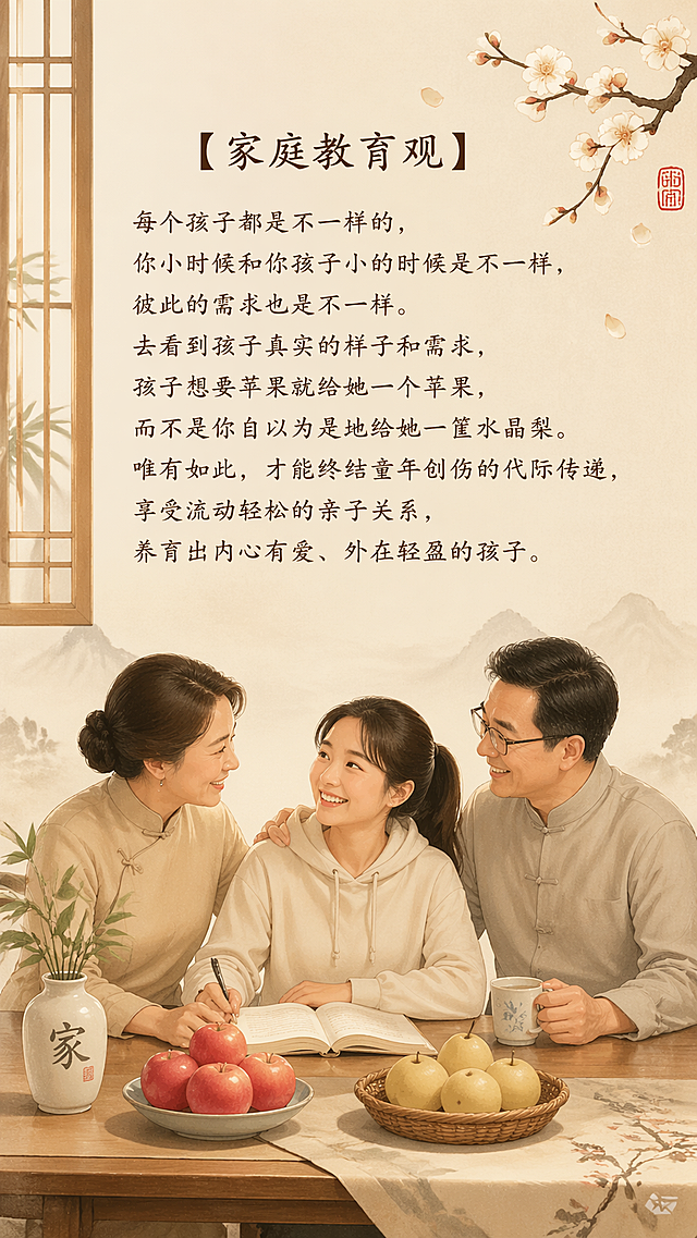 温馨中国风，画面中只有一对中年中国父母和一个中国大学生女儿，三人温馨互动，家庭氛围温暖融洽。画面中书写清晰的中文文字："【家庭教育观】每个孩子都是不一样的，你小时候和你孩子小的时候是不一样，彼此的需求也是不一样。去看到孩子真实的样子和需求，孩子想要苹果就给她一个苹果，而不是你自以为是地给她一筐水晶梨。唯有如此，才能终结童年创伤的代际传递，享受流动轻松的亲子关系，养育出内心有爱、外在轻盈的孩子。"，文字书写正确清晰，整体风格简约温馨，具有中式美感。